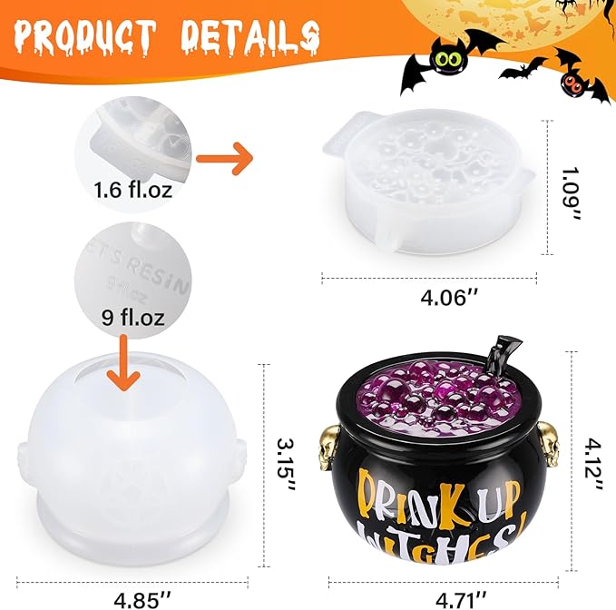 LET’S Resin Witch Cauldron Resin Mold, Halloween Resin Molds, 3D Jar Resin Molds Silicone 4.7'' Width, Large Jar Molds for Epoxy Casting Craft, Storage Box,Candy Container,Candle Holder