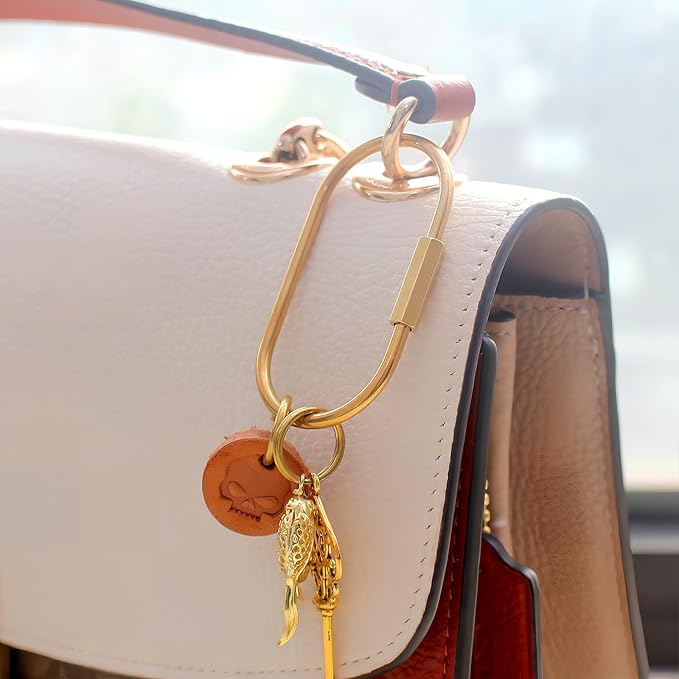 CMVFYL 10 Pcs Gold Brass Key Rings,Small Locking Carabiner Clip Keychain,Screw Lock Oval Keyring,Purse Bag Charms Holder for Handbag