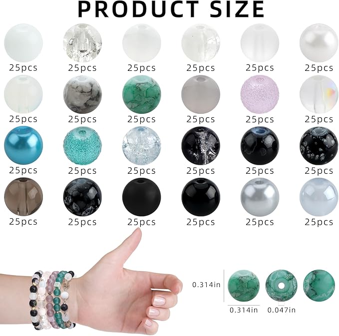 Rired 27 600pcs 8mm Round Glass Beads for Jewelry Making, 24 Colors Crystal Glass Beads Kit Including Crackle/Stone/Pearl Beads for Bracelet Necklace DIY Supplies Adults Christmas Decoration