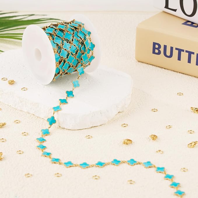 GTVOODX 18K Gold Stainless Steel Chain Bulk 9.8 Feet Unfinished 8mm Blue Enamel Four Leaf Clover Link Chains Spool Bulk for Women Jewelry Making with Lobster Clasps Jump Rings