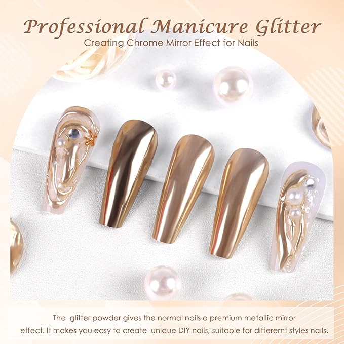 Laza Chrome Nail Powder Mirror Effect Metallic Dust Holographic Glitter Glazed Manicure Decoration Reflective Pigment for DIY Gel Polish Nail Art, Resin Craft, Gifts - Champagne Gold