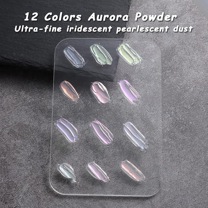 SUTOKAKA 12 Jars Mermaid Chrome Nail Powder, Iridescent Aurora Powder Pearlescent Dust Metallic Mirror Glitter Effect Pigment Nail Art Glitter Manicure Decoration for Home DIY Salon