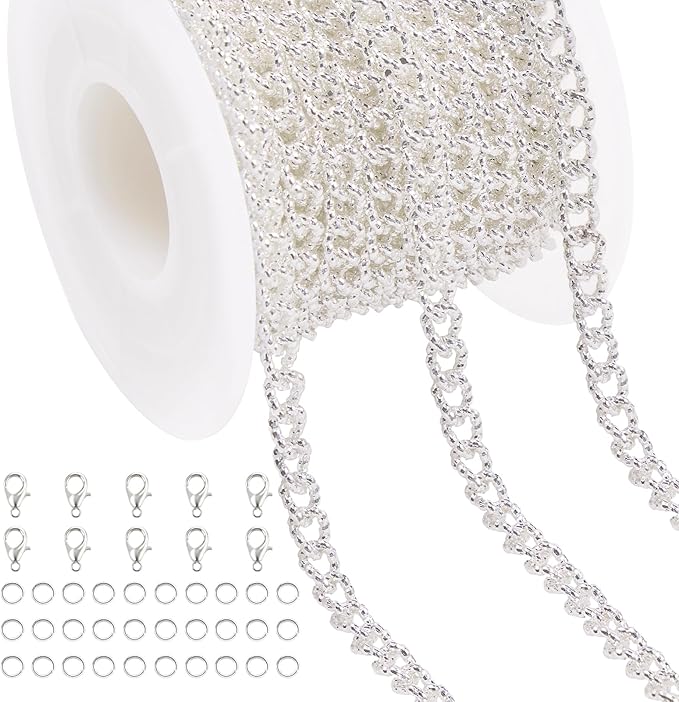 Jabogrii 5 Meters Silver Chain for Jewelry Making Embossed Oval Twisted Chain Roll Cable Metal Jewelry Bulk