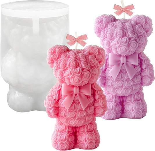 ZQYSING Standing Rose Bear Silicone Molds, 3D Cute Rose Bear Molds for Soap Candles Wax Epoxy Resin Casting Home Decor Valentine/Mother' Day/Wedding/Anniversary/Birthday Gifts
