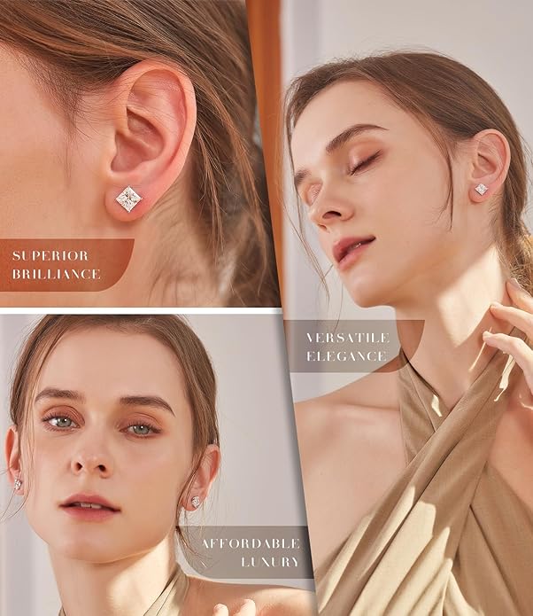 ”STUNNING FLAME“ 18K Gold Plated Sterling Silver Princess Cut Cubic Zirconia Stud Earrings for men women