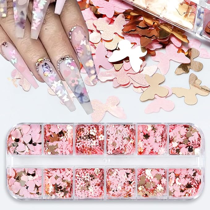 12Grids Valentine's Day Nail Glitter Sequins Holographic Gold Pink Heart Nail Art Glitter Flakes 3D Flower Rabbit Butterfly Charm Nail Sequins Glitter Nail Supplies for Acrylic Nail Decor Accessories