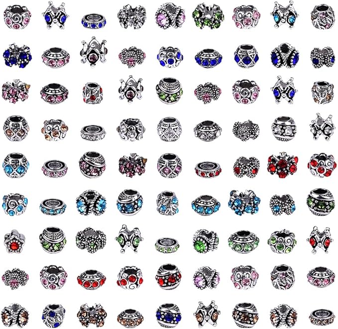 60 Pieces Assorted European Beads with Plating Silver Metal Alloy Rhinestone Large Hole Spacer Beads for DIY Charm Bracelet Jewelry Making (Inlaid Drill Alloy)