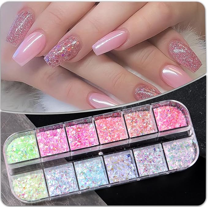 12 Colors Mermaid Nail Art Glitter Sequins Iridescent Ice Slag Nail Glitter Flakes Ultra Thin Nail Art Designs 3D Holographic Nail Sequins for Nail Art Supplies Manicure Decoration Accessories