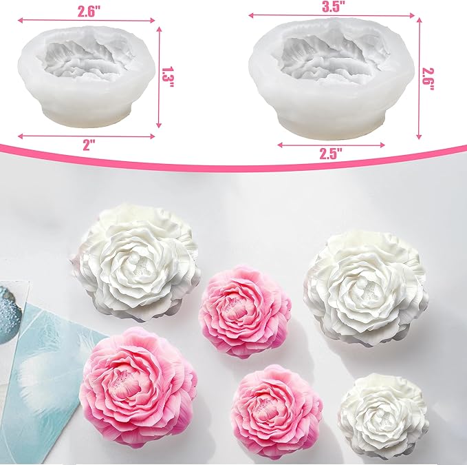 2 Pack Peony Candle Molds Set–Reusable 3D Flower Silicone Molds for Candle Making, Resin Art, Soap & Chocolate Crafts, DIY Floral Decor Supplies
