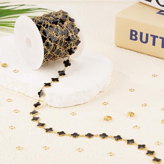 GTVOODX 18k Gold Black Enamel Clover Stainless Steel Chains for Jewelry Making, 3 Meters 8mm Link Chain Bulk Bracelet Necklace Jewelry Making DIY Supplies