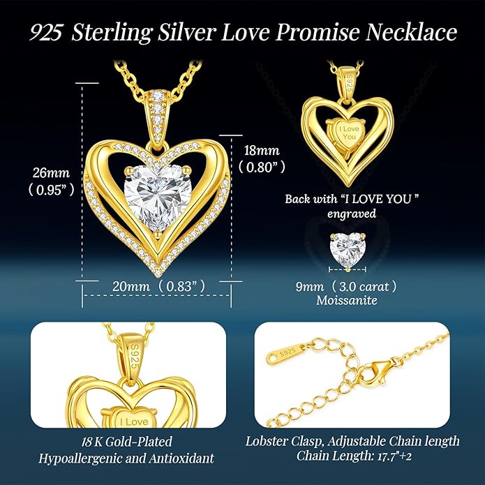 Moissanite Infinity Love Heart Pendant Necklaces for Women, 1-3 Carat 925 Sterling Silver 18K Gold Plated Engraved with"I LOVE YOU', Anniversary Birthday Present Jewelry Christmas Valentines Day Gift for Women Wife Girlfriend Her