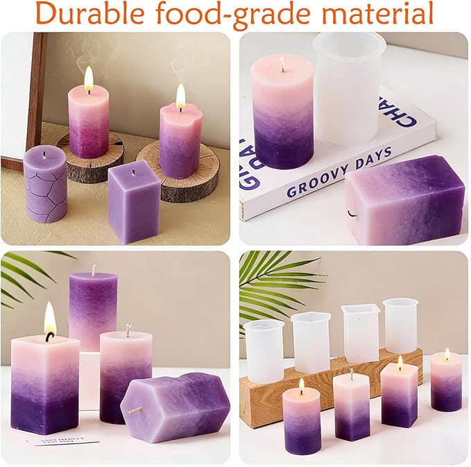 8PCS Reusable Silicone Candle Molds Set - Cylinder/Hexagon/Octagonal/Heart/Flower/Square Shapes for DIY Candle Making, Soap, Resin Crafts, Easy Release Candle Making Kit with Multiple Sizes