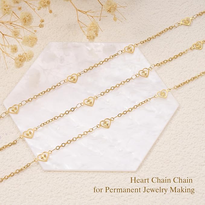 GTVOODX 16.4 Feet 18k Gold Plated Heart Chain for Jewelry Making, Silver Stainless Steel Cable Chain Spool Bulk for DIY Necklace Bracelet Craft with Lobster Clasps and Jump Rings