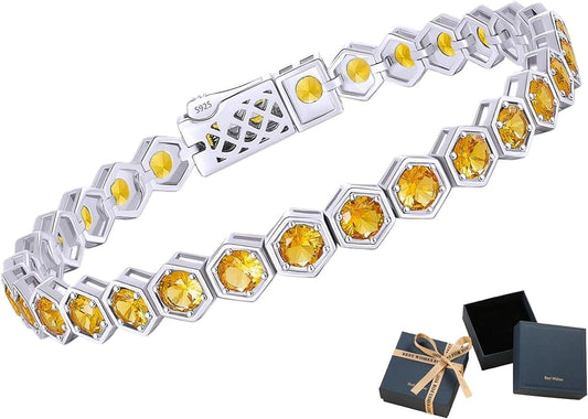 Birthstone Tennis Bracelets for Women Birthday Gifts 925 Sterling Silver Hexagon White Gold Bracelets Round Cut 5A Cubic Zirconia Prong Setting 7 Inch Anniversary Jewelry Gift