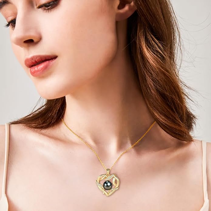 Christmas Gifts for Women- Tahitian Black Pearl- Heart Necklace- Wife Mom Girlfriend Her- Anniversary Birthday- Mothers Day Valentine's Jewelry Gifts Real 9-10mm Pearl Pendant