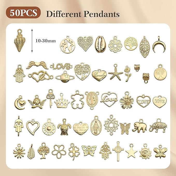 14k Gold Necklace Chain for Jewelry Making, 16.6 Feet Total (5 Rolls) DIY Bracelet Chains with 300 Jump Rings, 50 Lobster Clasps, 1 Jewelry Pliers,1 Support Ring and 50 Pendants