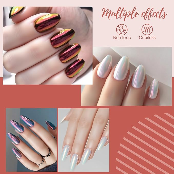 Artdone Red Aurora Chrome Nail Powder, Iridescent Unicorn Powder Metallic Mirror Effect Pigment Pearlescent Mermaid Pearl Glitter Dust Kit, Nail Art Decoration, Resin Craft