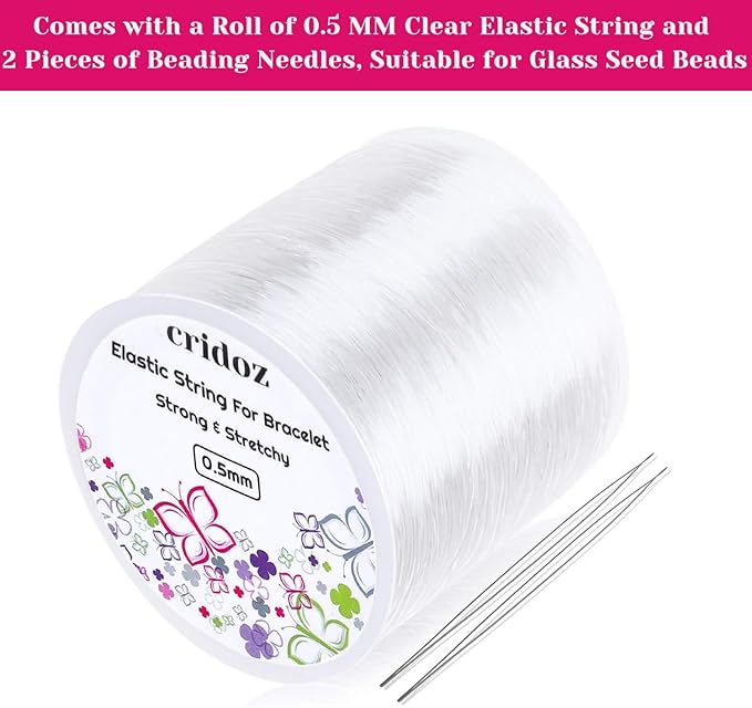 Stretchy String for Bracelets, Cridoz 0.5mm Clear Elastic String Stretch Cord Bracelet String with 2 Pcs Beading Needles for Seed Beads, Pony Beads, Bracelets and Jewelry Making