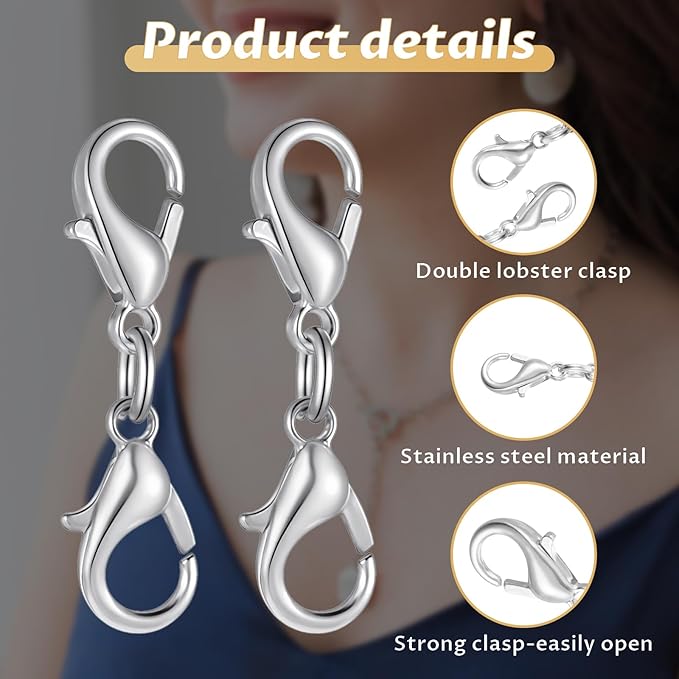 10 Pcs Double Lobster Clasp Extender Silver Necklace Chain Extenders Double Claw Connector Bracelet Necklace Extender for DIY Jewelry Making