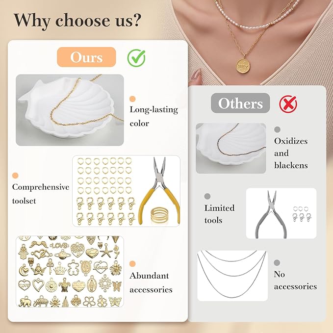 14k Gold Necklace Chain for Jewelry Making, 16.6 Feet Total (5 Rolls) DIY Bracelet Chains with 300 Jump Rings, 50 Lobster Clasps, 1 Jewelry Pliers,1 Support Ring and 50 Pendants