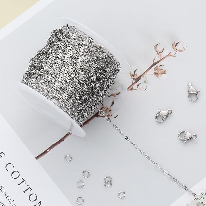 Kyutong Silver Necklace Chain for Jewelry Making Stainless Steel Cable Link Chain Bulk Thin Jewelry Making Supplies Chains with Lobster Clasps Jump Ring for Craft DIY Necklace Ankle Making