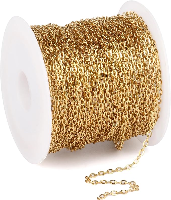 33 Feet 18K Gold PVD Plated Stainless Steel Cable Chain Bulk, 1.5mm 304 Stainless Steel Flat Cable Link Chains Roll Spool for Jewelry Making Necklace DIY Craft