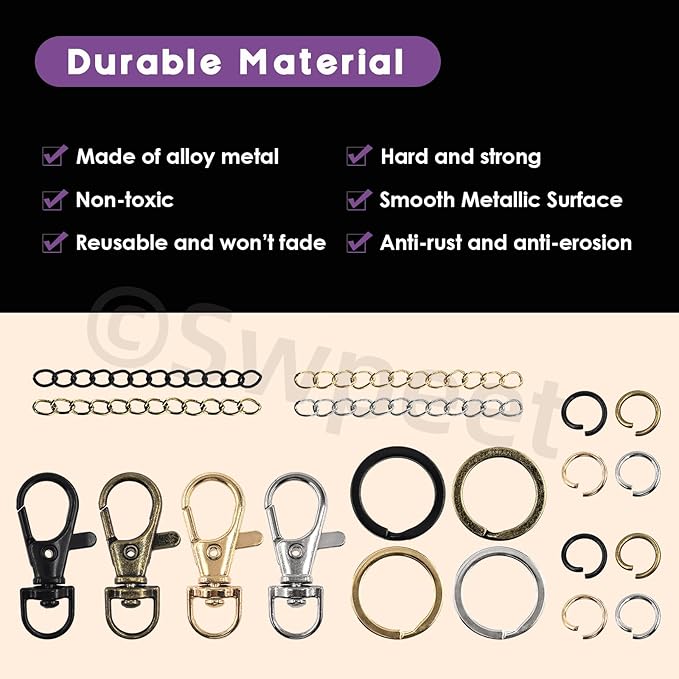 Swpeet 321Pcs Assorted Keychain Making Set with Pliers, 40Pcs Swivel Lanyard Snap Hook, 1Pc Split Ring Pliers, 40Pcs Keychain Ring, 40Pcs Extender Chains, 200Pcs Jump Rings, Bronze/Black/Gold/Silver
