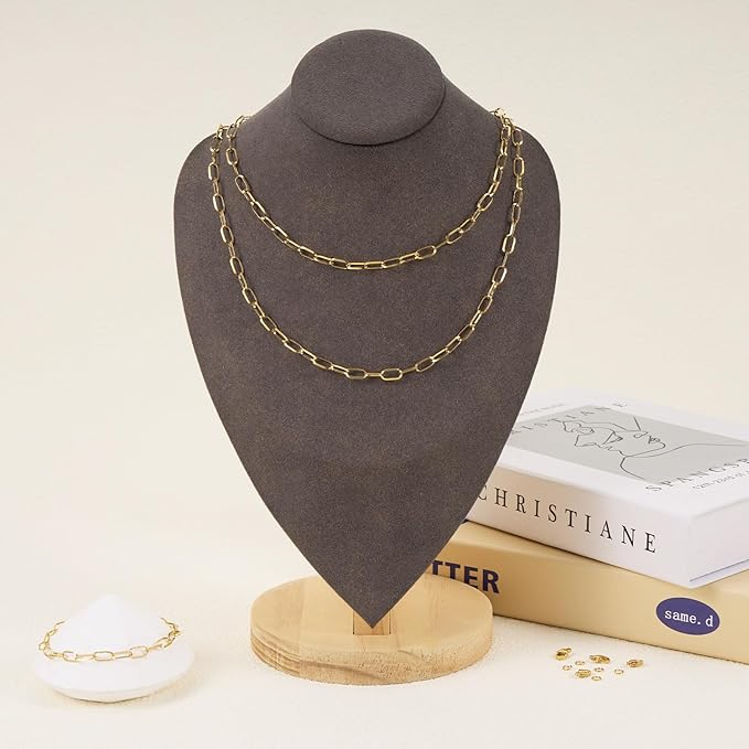 GTVOODX 16.4 Feet 18K Gold PVD Plated Paperclip Chain Roll, Stainless Steel 5x10mm Soldered Oval Link Chain Bulk for DIY Jewelry Making with Lobster Clasps and Jump Rings