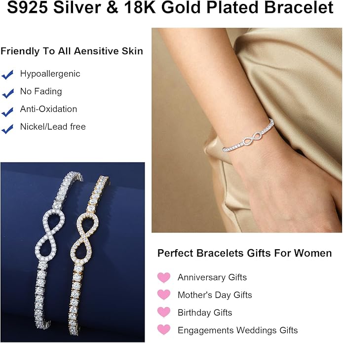Moissanite Tennis Bracelets For Women, S925 Sterling Silver Infinity Bracelet, 3MM Width 18K Gold Plated White Gold Adjustable Bolo Bracelets- Birthday Valentines Day Gifts For Her Wife Mom