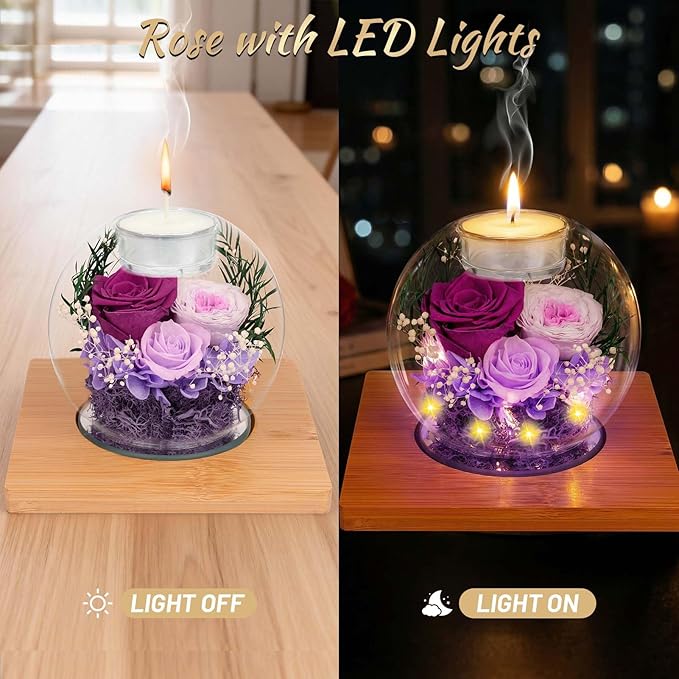 Preserved Purple Real Rose in Glass with Scented Candles–Eternal Flower Romantic Anniversary Mothers Day Christmas Birthday Valentines Day Gifts for Her, Women, Wife, Girlfriend, Mom, Grandma
