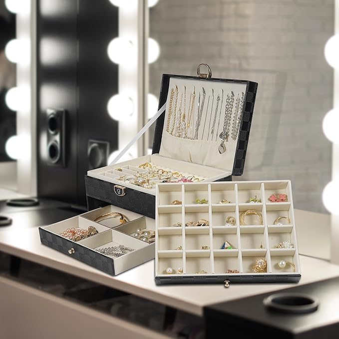 GUOER Jewelry Box for Women Girl Wife - Large PU Leather Jewelry Organizer Storage Case with 3 Layers Display for Earrings Bracelets Rings Watches (Checkered Black)