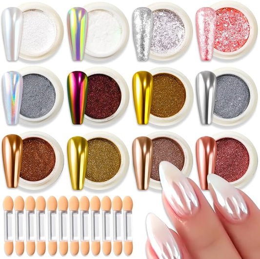 12 Jars Chrome Nail Powder Kit, White Pearl Chrome Nail Powder Metallic Mirror Effect Pigment Holographic Dip Powders & Opal Nails Chunky Glitter Flakes for Home DIY Salon Use