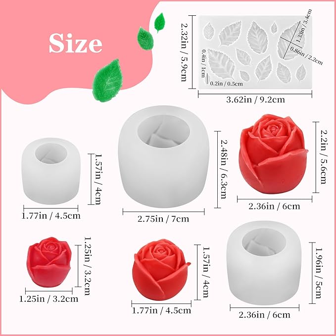 ZQYSING 4 Pack Rose Candle Molds with Leaf Mold, Set of Large + Medium + Small 3D Flower Silicone Molds for Candles Epoxy Resin Casting Wax Soap Clay Plaster Home Décor Handmade Gift