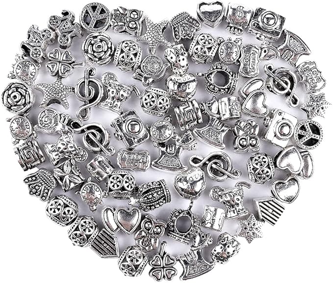 60 Pieces Assorted European Beads with Plating Silver Metal Alloy Rhinestone Large Hole Spacer Beads for DIY Charm Bracelet Jewelry Making (Alloy Spacer Beads)