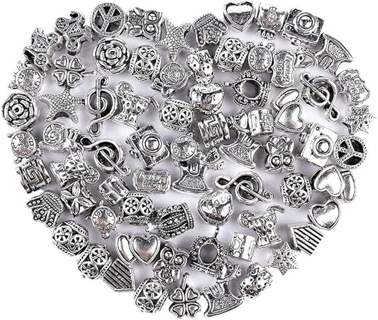 60 Pieces Assorted European Beads with Plating Silver Metal Alloy Rhinestone Large Hole Spacer Beads for DIY Charm Bracelet Jewelry Making (Alloy Spacer Beads)