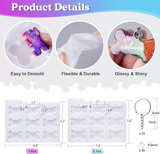 LET'S RESIN Pet Tag Resin Molds Silicone, Cat Dog Tag Molds for Epoxy Resin & UV Resina 2'' & 1.7'', Bone Shape Resina Keychain Molds with 10Pcs Key Ring & 10pcs Jump Ring, DIY Keychain Pendant Crafts