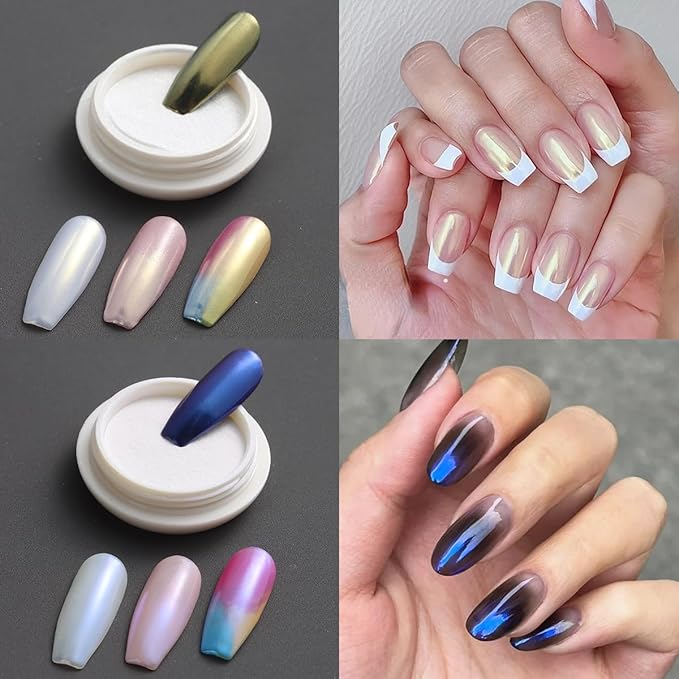 Fcozpjk White Chrome Nail Powder - 6 Colors Pearl Chrome for Nails, Mirror Effect Metallic Rubbing Pigment Dust, Glazed Donut Nail Art Pearlescent Glitter Manicure Decor