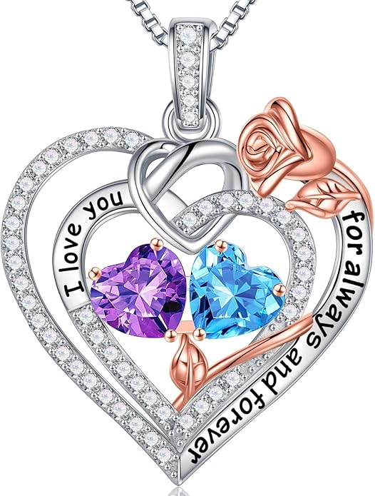 Iefil Valentines Day Gifts for Her Wife - 925 Sterling Silver Double Birthstone Necklace, Anniversary Birthday Gifts for Women, Jewelry Gift for Wife Girlfriend Mom Her