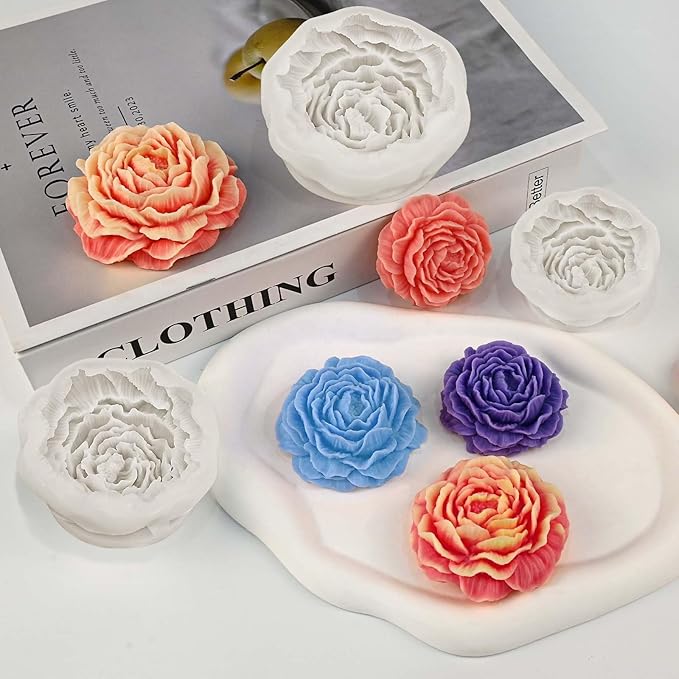 ZQYSING 3 Pcs Peony Candle Mold for Candle Making, Set of Large + Medium +Small 3D Peony Flower Silicone Molds for Epoxy Resin Casting Wax Soap Clay Plaster Home Décor Handmade Gift