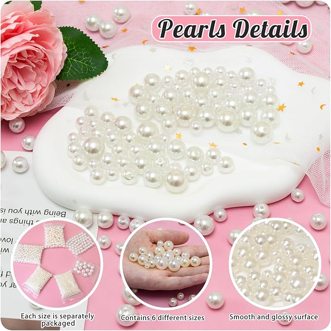 2505Pcs Pearls for Crafting, 6 Size Ivory Pearls with Holes for Jewelry Making, Bulk Fake Pearl Beads for Vase Filler Decoration, Candles Centerpiece, DIY Crafts Necklace Bracelets (4/6/8/10/12/14mm)