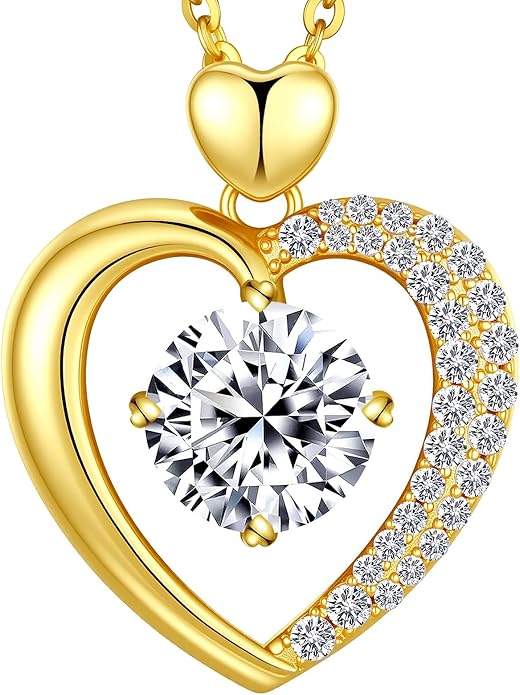 Beam & Bask Moissanite Heart Pendant Necklaces for Women, Engraved with LOVE, Sterling Silver Plated with 18K Gold, Anniversary and Birthday Jewelry for Wife, Girlfriend, Mom, or Her