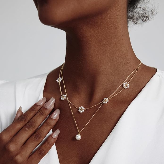 Pearl Necklaces for Women 14K Gold Plated Dainty Layered Single Pearl Necklace Simple Daisy Pearls Choker Cute Gold Necklace Stack Jewelry Sets for Women Trendy Gifts