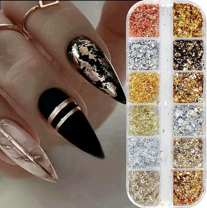 Holographic Nail Glitter Gold Foils for Women Kit -Sparkly Ultra-Thin Aluminum Foil Flake Nail Supplies Irregular Foil Glitter Flakes Design Powder Nail Glitters Sequins DIY Manicure Tip Charms Decor