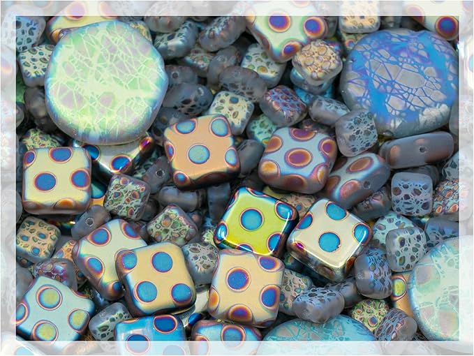1.75 oz (50g) Mix of Unique Czech Bohemia Glass Pressed Beads, Light Blue AB Sliperit, Patterned, Matte and Glossy, Hand Made BCV