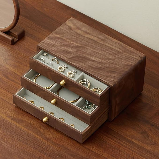 Wooden Jewelry Box for Women & Men, Large Velvet Lined Organizer with 3 Drawers, Solid Black Walnut Wood & Brass Handles, Earring Ring Necklace Storage Box