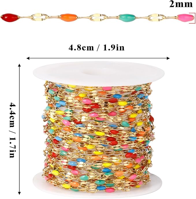 16.5FT 18K Gold PVD Plated Colorful Enamel Chain Roll, 2MM Rainbow Stainless Steel Enamel Lip Link Chains Spool Bulk for DIY Jewelry Making Necklace Bracelet