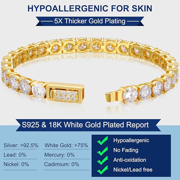 TUHE Moissanite Tennis Bracelet 5.0-21.0CT 18K Gold Plated 925 Sterling Silver Bracelets 3/4/5MM D Color VVS1 Round Lab Created Moissanite Bracelet for Women Men 6-8.5 Inch Jewelry Valentines Gifts