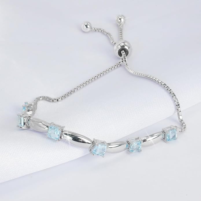 Fine Bracelet Tennis Style Pull String Birthstone Jewelry Gift for Women 925 Sterling Silver Square Sparkling Bolo Gemstone Jewelry Adjustable Bracelets