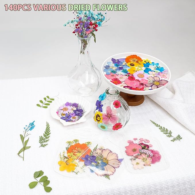 Dried Pressed Flowers Real Pressed Flowers Natural Dry Leaves Bulk Mixed Colorful Herbs Kit with Tweezers for Scrapbooking DIY Candle Jewelry Crafts Making Nails (Strong Color)