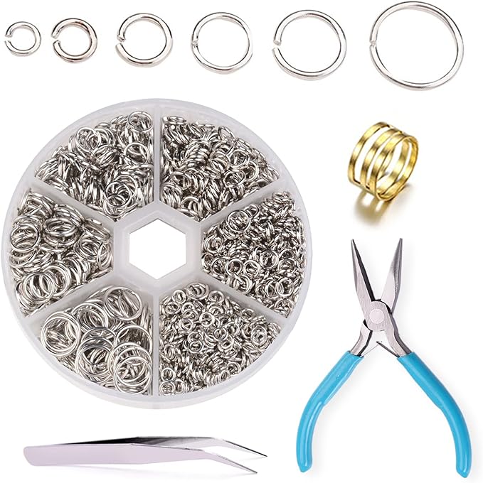 ZYNERY 1500pcs 304 Stainless Steel Open Jump Rings with Jewelry Rings and Tweezers and Jewelry Pliers for Jewelry Making Supplies, Fix, Wire Wrapping, Crafts